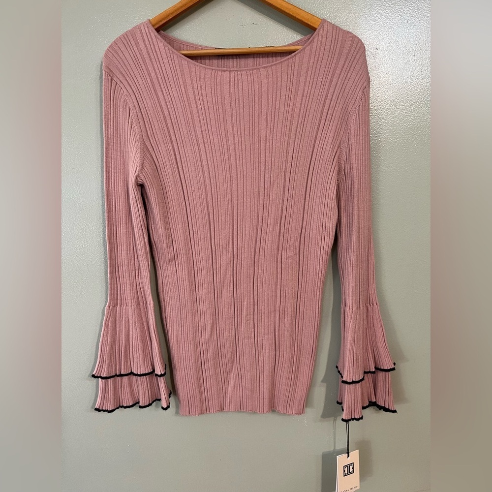 Ivanka Trump Blush Pink Ribbed Knit Top Bell Sleeves Soft Stretchy Nylon L NWT